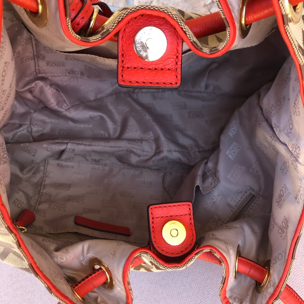 Michael Kors Signature Jacquard East West Ring Tan Orange Red Medium Tote Bag - Picture 7 of 16